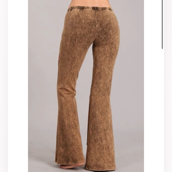 Chestnut Brown Boho Mineral Wash Flared Bell Bottom Stretch Pull On Pants Womens - Picture 2 of 15